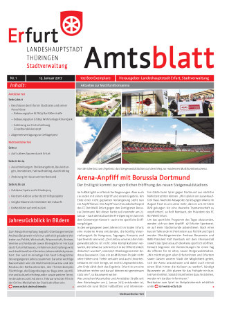 Amtsblatt Nr. 1 vom 13.01.2017 Bildliche Darstellung des Amtsblattes mit einer Foto-Kollage des neuen Steigerwaldstadions.