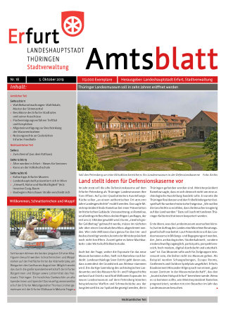 Titelseite: Amtsblatt Nr. 18 vom 05.10.2019 Titeltext und Foto von einen großen Gebäude