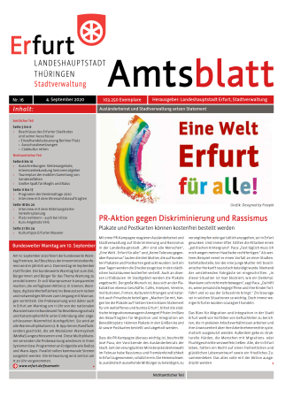 Amtsblatt Nr. 16 vom 04.09.2020 Titelseite Amtsblatt Nr. 16 mit Grafik: "Eine Welt Erfurt für alle" (bis "Erfurt" rot, dann mit bunten Buchstaben, links Regenbogenlogo