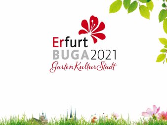 Logo der Bundesgartenschau 2021 mit Blumen und Gräsern für die Stadt Erfurt.