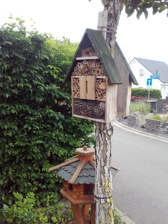 zwei Holzhäuschen, eines dient als Insektenhotel, eines als Futterstation für Vögel, sind an einem Baum angebracht