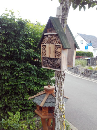 Foto: Insektenhotel an einem Baum © Stadtverwaltung Erfurt zwei Holzhäuschen, eines dient als Insektenhotel, eines als Futterstation für Vögel, sind an einem Baum angebracht