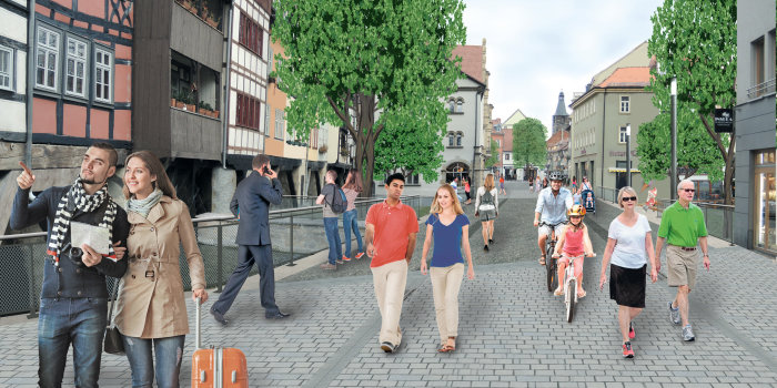 Foto: Aktuelle Visualisierung zum Neubau der Rathausbrücken © Stadtverwaltung Erfurt Eine Visualisierung vom Neubau einer mit vielen Menschen und zwei großen Bäumen