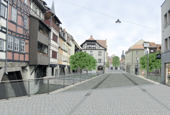 Straßenbrücke mit Geländer und links und rechts Häuser