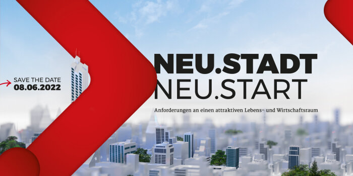 Grafik mit einem roten Pfeil, einem Stadtmodell im Hintergrund und dem Schriftzug "Neu.Stadt Neu.Start"