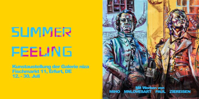 Foto: Summer Feeling Pop-up-Store F11 © Galerie niza Plakat für Kunstausstellung mit Schrift im linken Teil und einem abgebildetem Kunstwerk im rechten Teil.