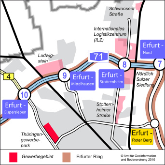Die Karte zeigt den Ausschnitt im Stadtgebiet, wo der Thüringengewerbepark liegt: im Nordwesten der Stadt, in direkter Nachbarschaft zum Thüringenpark. Auch die anliegende B 4 und Nähe zur A 71 mit der nächsten Anschlussstelle Erfurt - Gispersleben ist erkennbar.