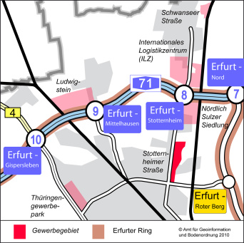 Die Karte zeigt den Ausschnitt im Stadtgebiet, wo das Gewerbegebiet Stotternheimer Straße liegt: im Norden der Stadt. Auch die Nähe zur A 71 und die nächste Auffahrt Erfurt - Stotterheim ist erkennbar.