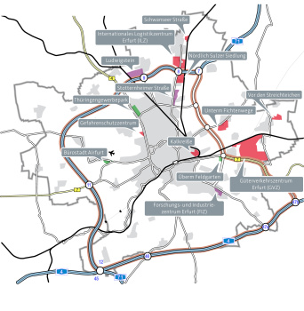 Karte von Erfurt mit dem Erfurter Ring und den 14 Gewerbegebieten im Stadtgebiet Erfurt