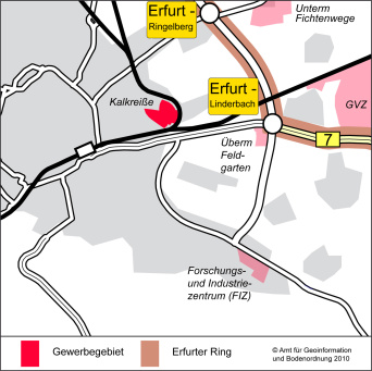 Die Karte zeigt den Ausschnitt im Stadtgebiet, wo das Gewerbegebiet Kalkreiße liegt: östlich und dennoch recht nah an der Innenstadt. Auch die Nähe zur Ostumfahrung und die nächste Auffahrt Linderbach ist erkennbar.