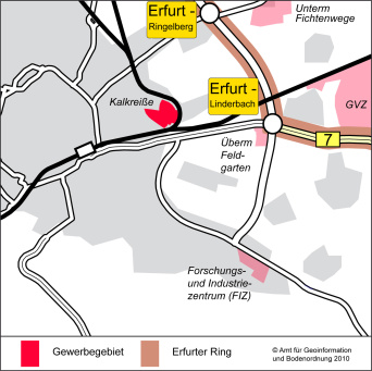 Karte: Kartenausschnitt Kalkreiße © Stadtverwaltung Erfurt Die Karte zeigt den Ausschnitt im Stadtgebiet, wo das Gewerbegebiet Kalkreiße liegt: östlich und dennoch recht nah an der Innenstadt. Auch die Nähe zur Ostumfahrung und die nächste Auffahrt Linderbach ist erkennbar.