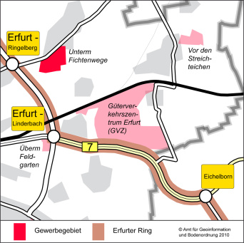Die Karte zeigt den Ausschnitt im Stadtgebiet, wo das Gewerbegebiet Unterm Fichtenwege Kerspleben liegt: im Osten der Stadt. Auch die Nähe zur Ostumfahrung und die nächste Auffahrt Ringelberg ist erkennbar.