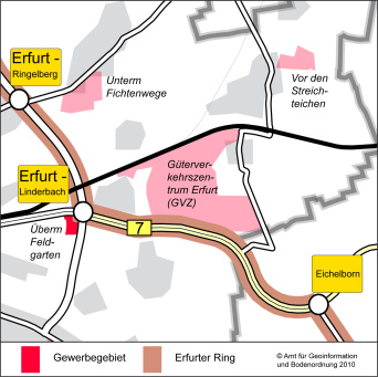 Karte: Kartenausschnitt Überm Feldgarten © Stadtverwaltung Erfurt Die Karte zeigt den Ausschnitt im Stadtgebiet, wo das Gewerbegebiet Überm Feldgarten liegt: im Osten der Stadt, direkt an der Ostumfahrung, Abfahrt Linderbach.