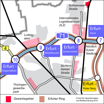 Die Karte zeigt den Ausschnitt im Stadtgebiet, wo das Gewerbegebiet Schwanseer Straße liegt: im Norden der Stadt, im Ortsteil Stotternheim. Auch die Nähe zur A 71 und die nächste Auffahrt Erfurt - Stotternheim ist erkennbar.