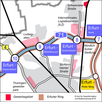Karte: Kartenausschnitt Schwanseer Straße © Stadtverwaltung Erfurt Die Karte zeigt den Ausschnitt im Stadtgebiet, wo das Gewerbegebiet Schwanseer Straße liegt: im Norden der Stadt, im Ortsteil Stotternheim. Auch die Nähe zur A 71 und die nächste Auffahrt Erfurt - Stotternheim ist erkennbar.