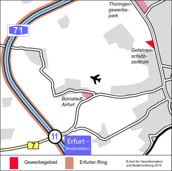 Die Karte zeigt den Ausschnitt im Stadtgebiet, wo das Gewerbegebiet Gefahrenschutzzentrum liegt: an der B4, nahe dem Thüringenpark. 