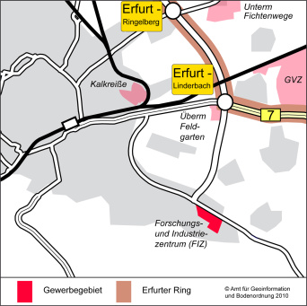 Karte: Kartenausschnitt Forschungs- und Industriezentrum Erfurt - Südost (FIZ) © Stadtverwaltung Erfurt Die Karte zeigt den Ausschnitt im Stadtgebiet, wo das Forschungs- und Industriezentrum Erfurt - Südost (FIZ) liegt: wie auch der Name schon sagt, im Südosten der Stadt. Auch die Nähe zur Ostumfahrung und die nächste Auffahrt Linderbach ist erkennbar.