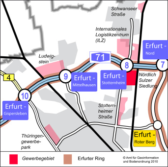 Die Karte zeigt den Ausschnitt im Stadtgebiet, wo das Gewerbegebiet Nördlich Sulzer Siedlung liegt: im Norden der Stadt. Auch die Nähe zur A 71 und die nächste Auffahrt Erfurt – Stotternheim ist erkennbar.