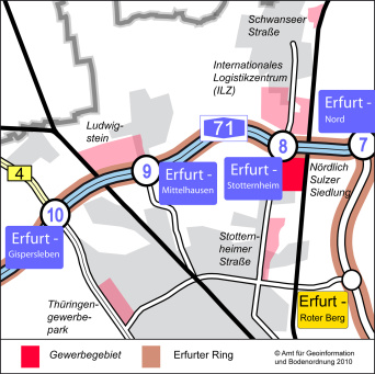 Karte: Kartenausschnitt Nördlich Sulzer Siedlung © Stadtverwaltung Erfurt Die Karte zeigt den Ausschnitt im Stadtgebiet, wo das Gewerbegebiet Nördlich Sulzer Siedlung liegt: im Norden der Stadt. Auch die Nähe zur A 71 und die nächste Auffahrt Erfurt – Stotternheim ist erkennbar.