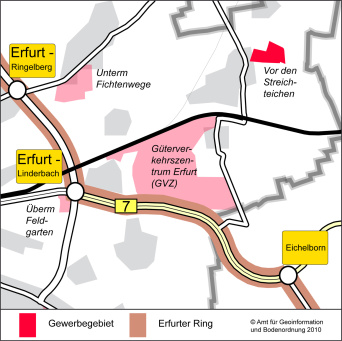 Die Karte zeigt den Ausschnitt im Stadtgebiet, wo das Gewerbegebiet vor den Streichteichen liegt: im Osten der Stadt, im Ortsteil Vieselbach. 