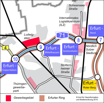 Karte: Kartenausschnitt Ludwigstein © Stadtverwaltung Erfurt Die Karte zeigt den Ausschnitt im Stadtgebiet, wo das Gewerbegebiet Ludwigstein liegt: im Norden der Stadt, unmittelbar an der A 71, Anschlussstelle Erfurt – Mittelhausen.