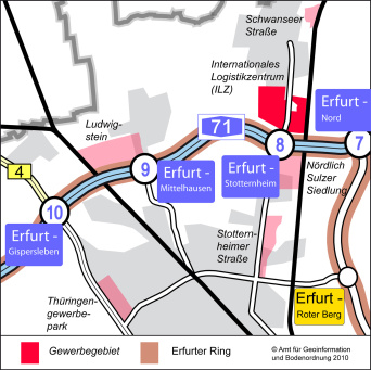 Die Karte zeigt den Ausschnitt im Stadtgebiet, wo das Internationale Logistikzentrum (ILZ) liegt: im Norden der Stadt, direkt an der A 71, Anschlussstelle Erfurt-Stotternheim.