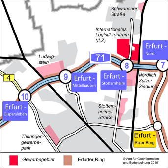Karte: Kartenausschnitt Internationales Logistikzentrum (ILZ) © Stadtverwaltung Erfurt Die Karte zeigt den Ausschnitt im Stadtgebiet, wo das Internationale Logistikzentrum (ILZ) liegt: im Norden der Stadt, direkt an der A 71, Anschlussstelle Erfurt-Stotternheim.