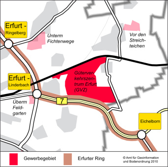 Die Karte zeigt den Ausschnitt im Stadtgebiet, wo das Güterverkehrszentrum (GVZ) liegt: im Osten der Stadt, direkt an der B 7. Auch die Gleisanbindung ist gut erkennbar.