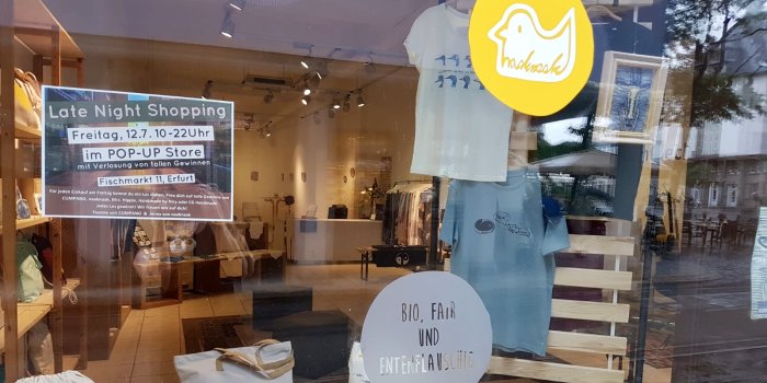 Ein Schaufenster mit T-Shirts und Taschen in der Präsentation. 