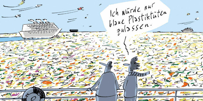 Zwei Männer stehen an einer Schiffsreling und schauen auf das von bunten Plastiktüten übersäte Meer. 