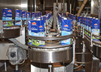 viele blaue Tetrapacks Milch in der Abfüllanlage der Milchwerke Erfurt