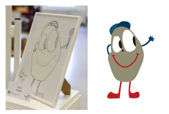 Ein Foto und daneben eine Grafik mit einer Schulkind-Puffbohne. Puffbohne lächelt breit und hat ein Basecap auf.