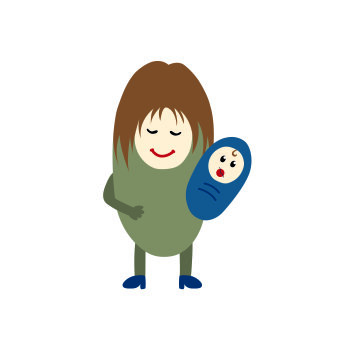 Eine bohnenartige Figur hält eine zweite kleine Bohne in der Hand. Sie symbolisieren Mama und Kind. 