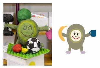 Ein Foto und daneben eine Grafik mit einer Kindergarten-Puffbohne. Puffbohne mit einer Banane und Tasse.