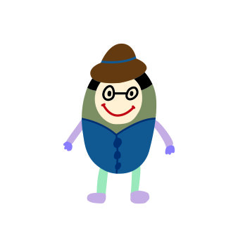 Eine bohnenartige Figur trägt Hut und Brille. Sie symbolisiert eine Papa-Puffbohne. 