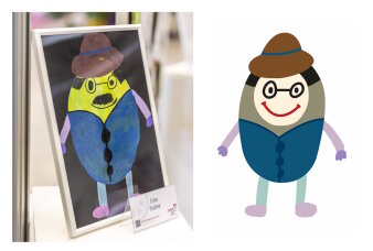 Ein Foto und daneben eine Grafik mit einer Papa-Puffbohne. Puffbohne hat Hut, Brille und eine Weste an.