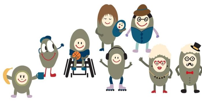 Acht bohnenförmige Figuren bilden eine Familie verschiedenen Alters und Eigenschaften. 