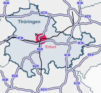 Zentrale Lage von Erfurt in Thüringen und mit Verkehr