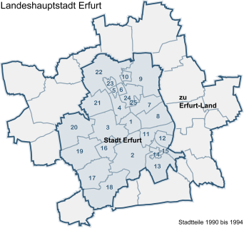 Übersichtskarte der Stadtteile der Stadt Erfurt von 1990 bis 1994