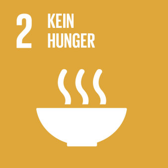 Grafik: Logo Ziel 2: Kein Hunger © Vereinte Nationen Logo in senfgelb, darauf eine weiße Tasse