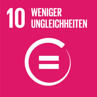 Grafik: Logo Ziel 10: Weniger Ungleichheiten © Vereinte Nationen Rotes Logo mit weißer Schrift