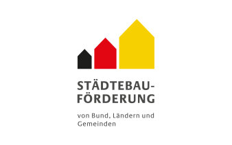 Logo mit drei bunten Grafikhäusern und dem Text "Städtebauförderung von Bund, Ländern und Gemeinden"