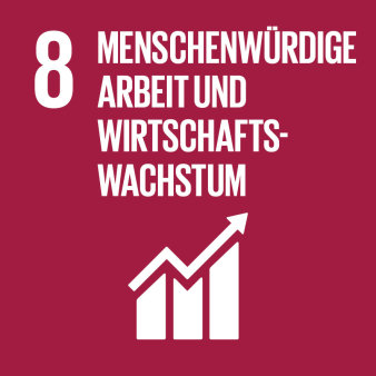 Grafik: Logo Ziel 8: Menschenwürdige Arbeit und Wirtschaftswachstum © Vereinte Nationen Weinrotes Logo mit weißer Schrift
