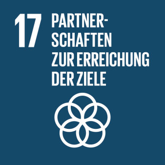 Grafik: Logo Ziel 17: Partnerschaften zur Erreichung der Ziele © Vereinte Nationen Blaues Logo mit weißer Schrift