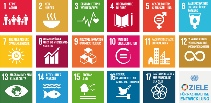 The Sustainable Development Goals (SDGs) Logo DE Farbig gestaltetes Logo in siebzehn Einzelteilen