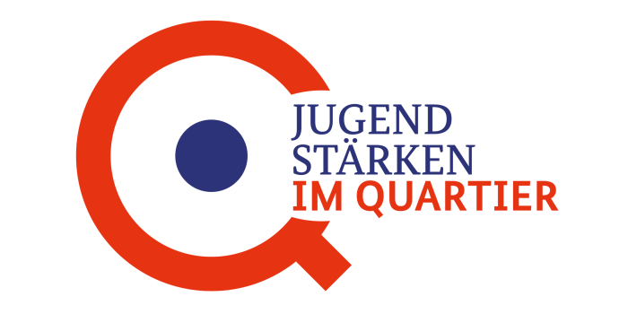 Das Logo zeigt auf weißem Grund linksseitig einen roten Kreis hinter den Worten Jugend Staerken im Quartier.
