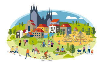 Grafik: Gesunde Kommune Erfurt © Stadtverwaltung Erfurt / Marina Zlochin/AdobeStock stilisierte Menschen spielend, laufend, sporttreibend mit Gebäuden, Parkflächen