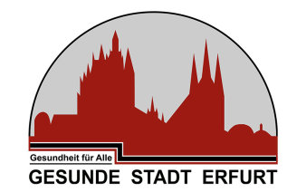 Grafik: Logo Gesunde Stadt Erfurt © Stadtverwaltung Erfurt Silhouette des Domes mit dem Schridftzug Gesunde Stadt Erfurt