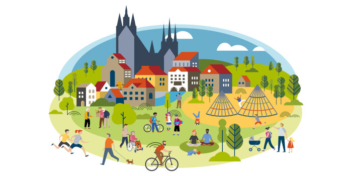 Grafik: Gesunde Kommune Erfurt © Stadtverwaltung Erfurt / Marina Zlochin/AdobeStock stilisierte Menschen spielend, laufend, sporttreibend mit Gebäuden, Parkflächen