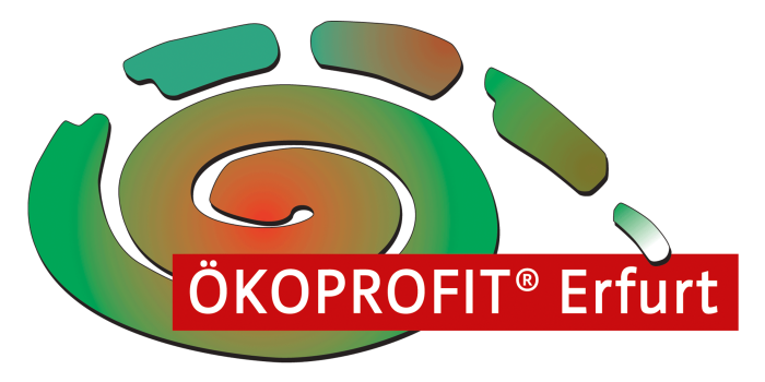 Grafik: Logo Ökoprofit Erfurt © Landeshauptstadt Erfurt, Stadtverwaltung schneckenartige Linie/Spur mit Text Ökoprofit Erfurt